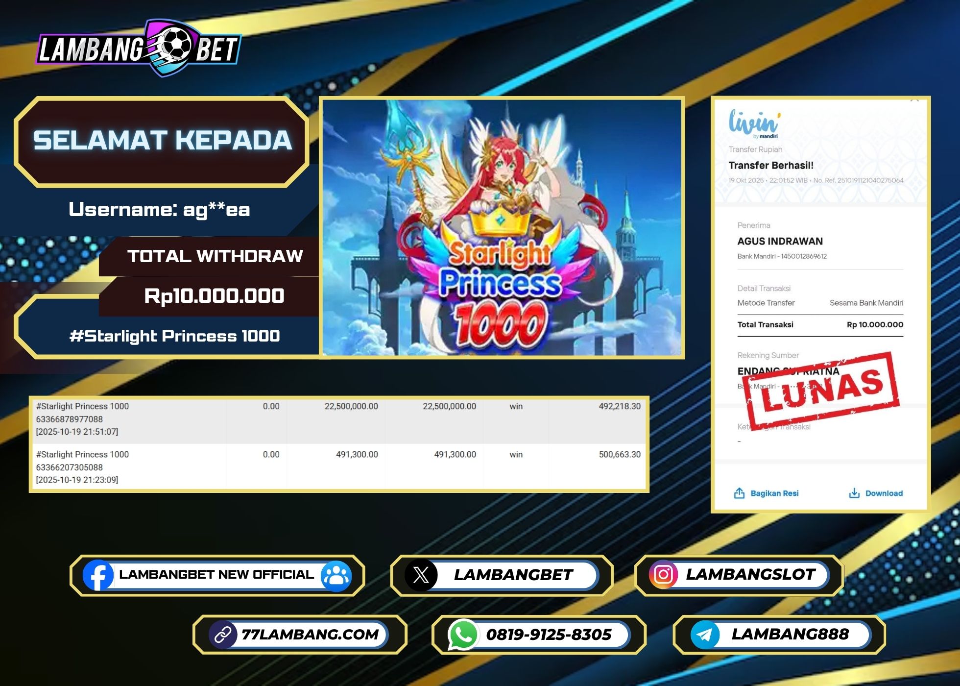 LAMBANGBET [19 OKTOBER 2025] JACKPOT SLOT Starlight Princess 1000 "Rp10.000.000" LUNAS